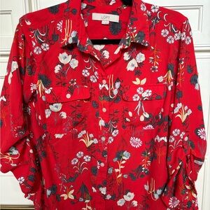 LOFT Red Floral Button Down Shirt